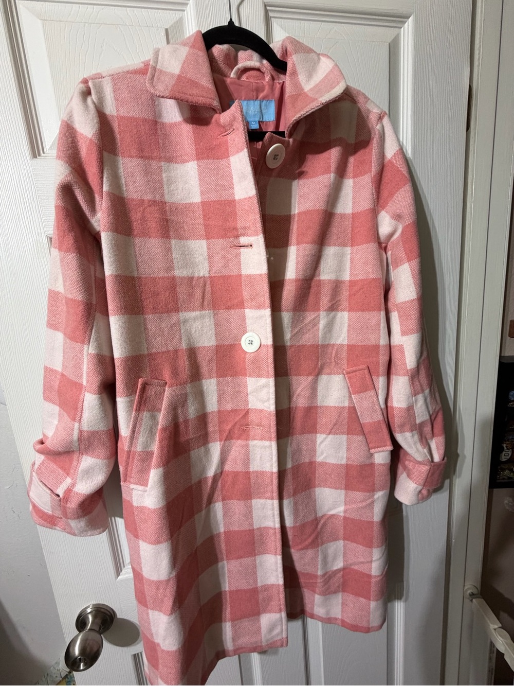Draper James Coral Pink & White Plaid Pea Coat